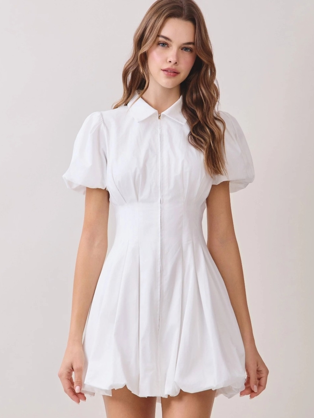 Fashion Nova White Puff Sleeve Zip Mini Dress
